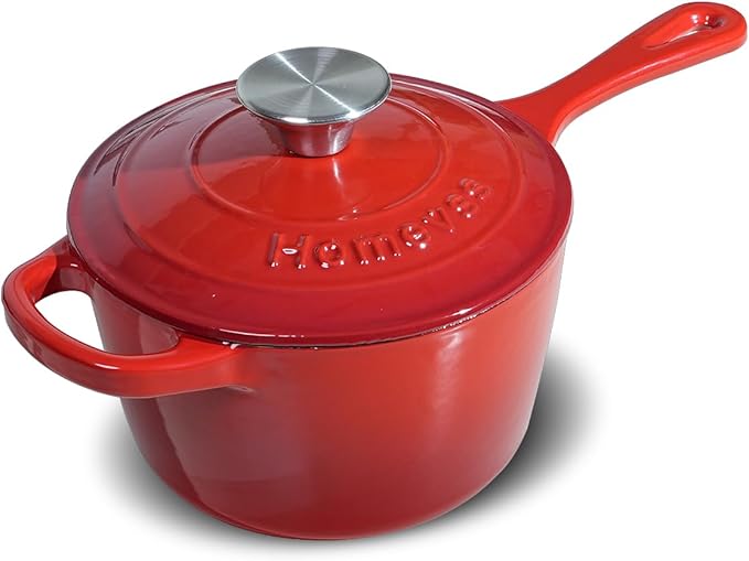 1.75QT Enameled Cast Iron Sauce Pan, Enameled Saucepan with Lid, Small Dutch Oven Cooking Kitchen Pot, Nonstick & Heavy Duty for Cooking Pasta Sauce, Gravy, Puddings, Marinate, Boiling - Red