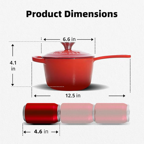 1.75QT Enameled Cast Iron Sauce Pan, Enameled Saucepan with Lid, Small Dutch Oven Cooking Kitchen Pot, Nonstick & Heavy Duty for Cooking Pasta Sauce, Gravy, Puddings, Marinate, Boiling - Red