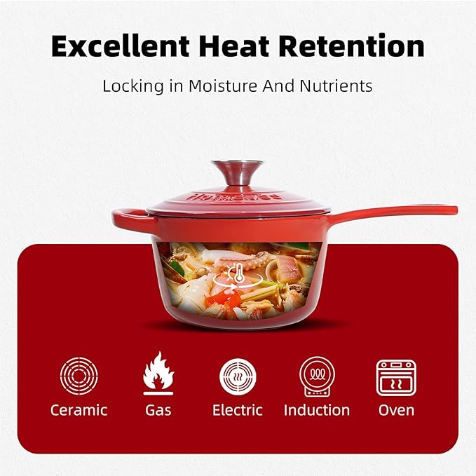1.75QT Enameled Cast Iron Sauce Pan, Enameled Saucepan with Lid, Small Dutch Oven Cooking Kitchen Pot, Nonstick & Heavy Duty for Cooking Pasta Sauce, Gravy, Puddings, Marinate, Boiling - Red