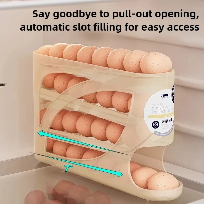 4-Tier Rolling Egg Storage Container for Refrigerator Holds 30 Eggs Organizer Rack Large Capacity Kitchen & Fridge Storage Box