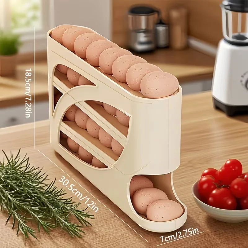 4-Tier Rolling Egg Storage Container for Refrigerator Holds 30 Eggs Organizer Rack Large Capacity Kitchen & Fridge Storage Box