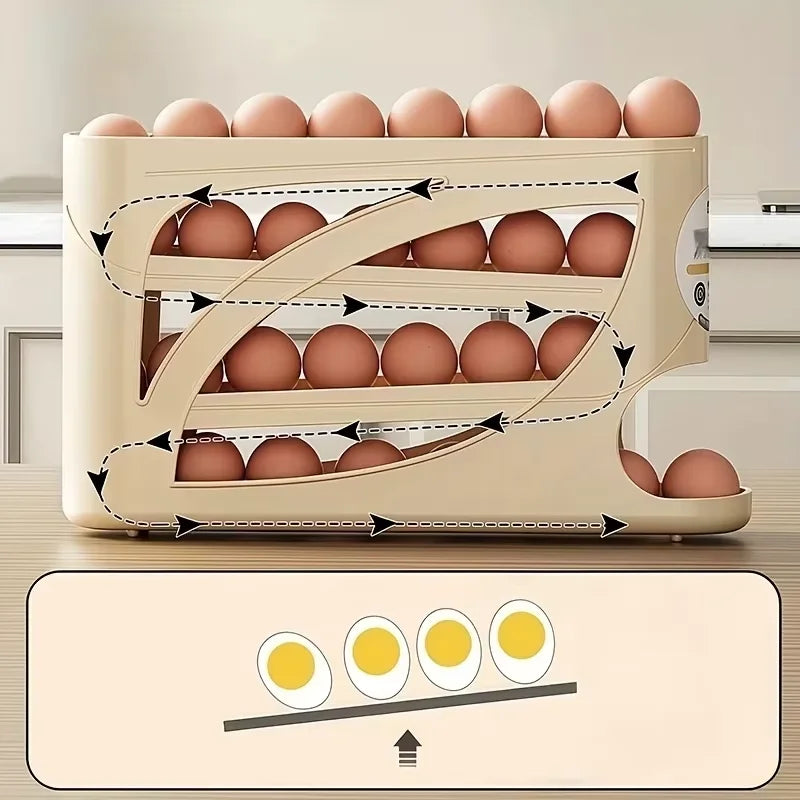 4-Tier Rolling Egg Storage Container for Refrigerator Holds 30 Eggs Organizer Rack Large Capacity Kitchen & Fridge Storage Box