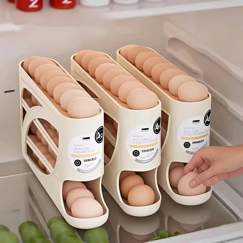 4-Tier Rolling Egg Storage Container for Refrigerator Holds 30 Eggs Organizer Rack Large Capacity Kitchen & Fridge Storage Box