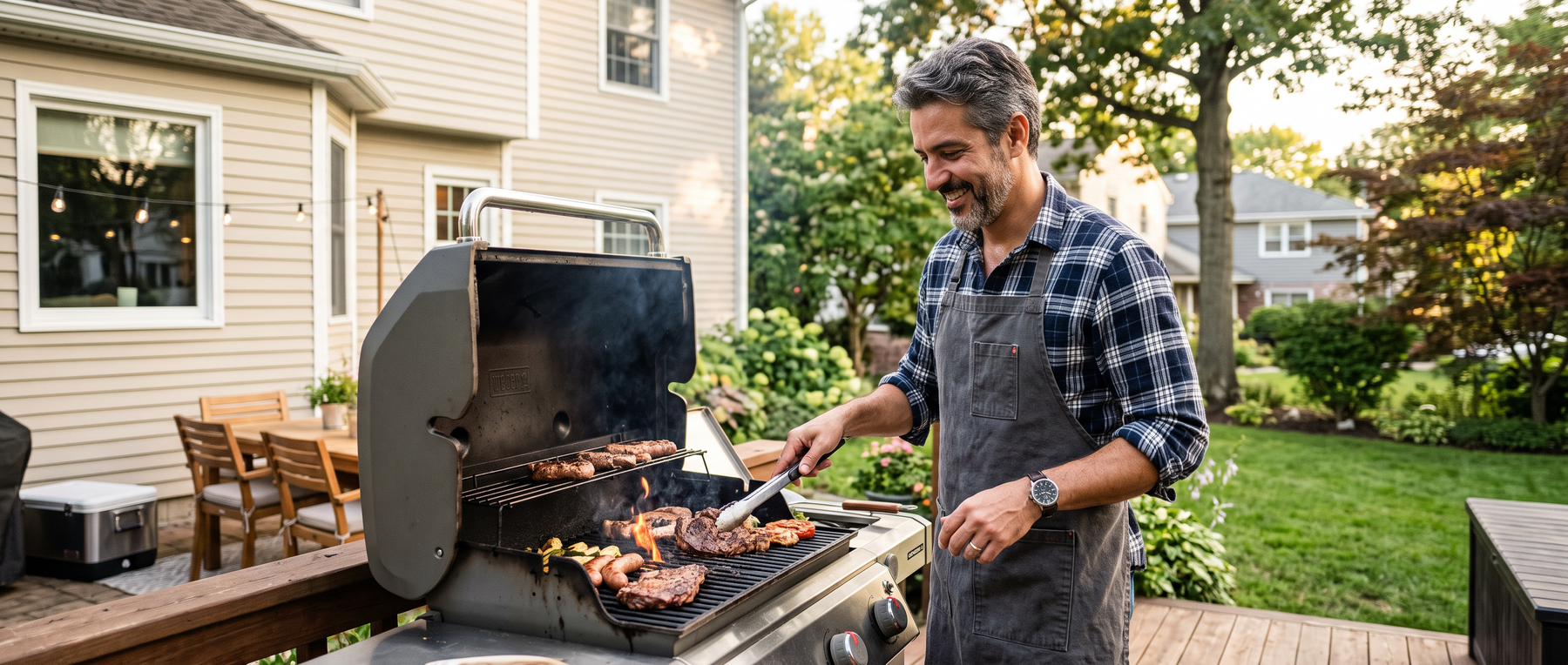 Man grilling on an American barbecue in his backyard