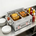Commercial Dual Tank Deep Fryer 430 Magnetic Stainless Steel Riveted Structure 6L Per Tank LPG Powered Dual Independent Temp Control Energy-saving Burner Heat Dissipation Vents Dust Cover Flame Observation Hole Detachable Basket Condiment Holder