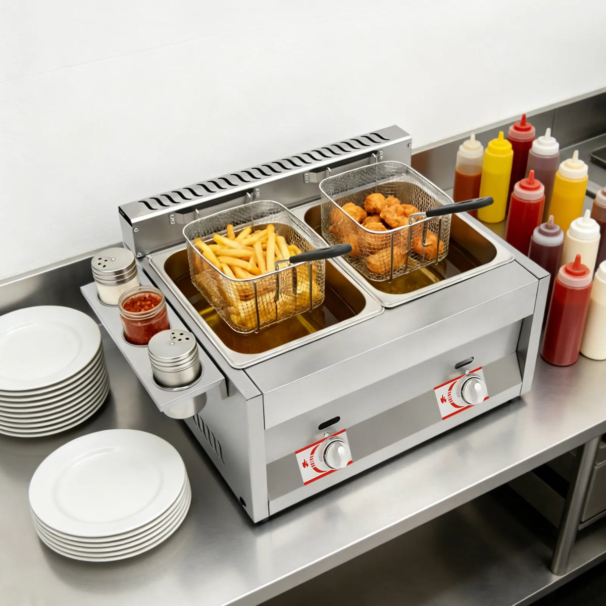 Commercial Dual Tank Deep Fryer 430 Magnetic Stainless Steel Riveted Structure 6L Per Tank LPG Powered Dual Independent Temp Control Energy-saving Burner Heat Dissipation Vents Dust Cover Flame Observation Hole Detachable Basket Condiment Holder