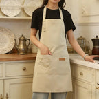 Beige Unisex Work Bib Apron Adjustable Neck Strap Large Pockets Durable Kitchen Cafe Shop Cooking Uniform