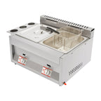 Commercial Dual Tank Deep Fryer 430 Magnetic Stainless Steel Riveted Structure 6L Per Tank LPG Powered Dual Independent Temp Control Energy-saving Burner Heat Dissipation Vents Dust Cover Flame Observation Hole Detachable Basket Condiment Holder