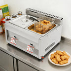 Commercial Dual Tank Deep Fryer 430 Magnetic Stainless Steel Riveted Structure 6L Per Tank LPG Powered Dual Independent Temp Control Energy-saving Burner Heat Dissipation Vents Dust Cover Flame Observation Hole Detachable Basket Condiment Holder