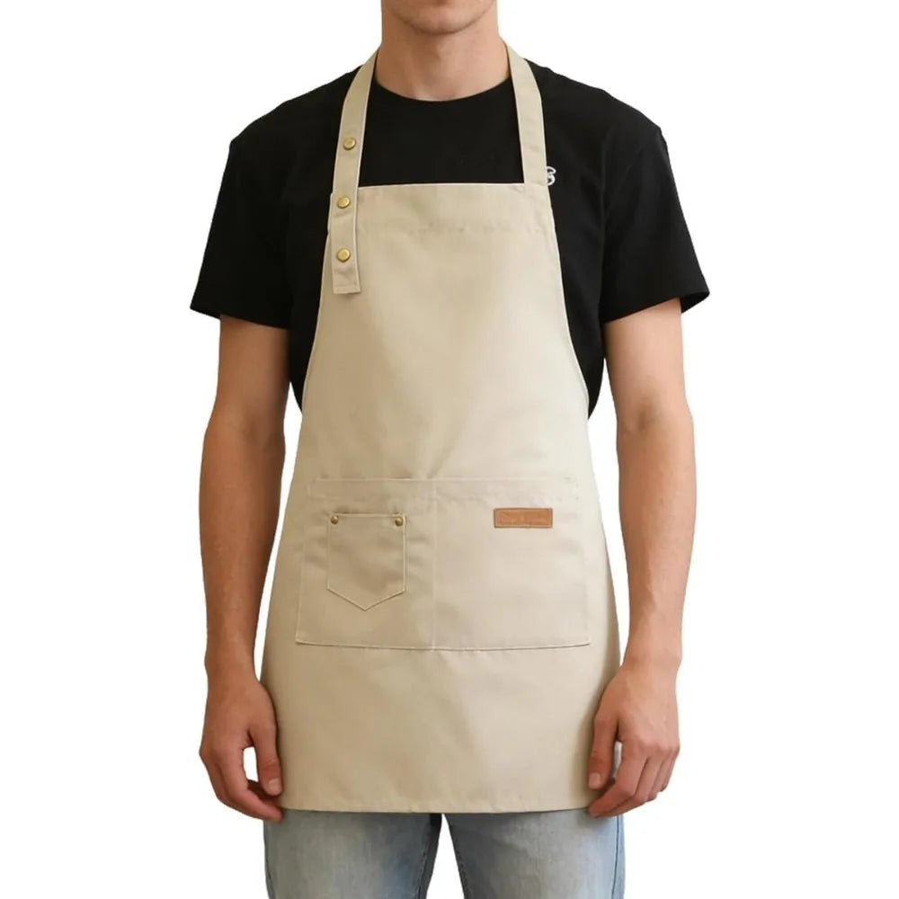Beige Unisex Work Bib Apron Adjustable Neck Strap Large Pockets Durable Kitchen Cafe Shop Cooking Uniform