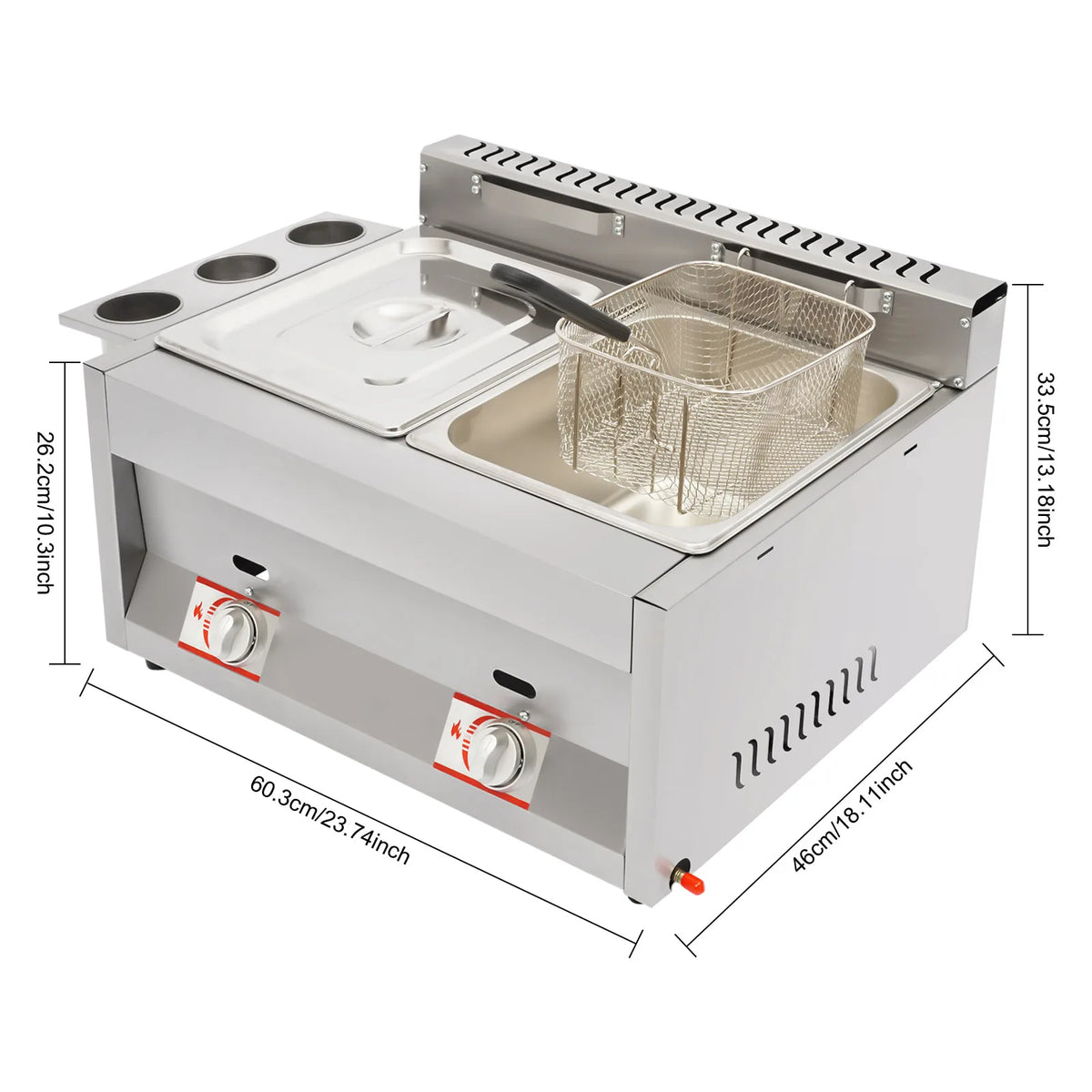 Commercial Dual Tank Deep Fryer 430 Magnetic Stainless Steel Riveted Structure 6L Per Tank LPG Powered Dual Independent Temp Control Energy-saving Burner Heat Dissipation Vents Dust Cover Flame Observation Hole Detachable Basket Condiment Holder