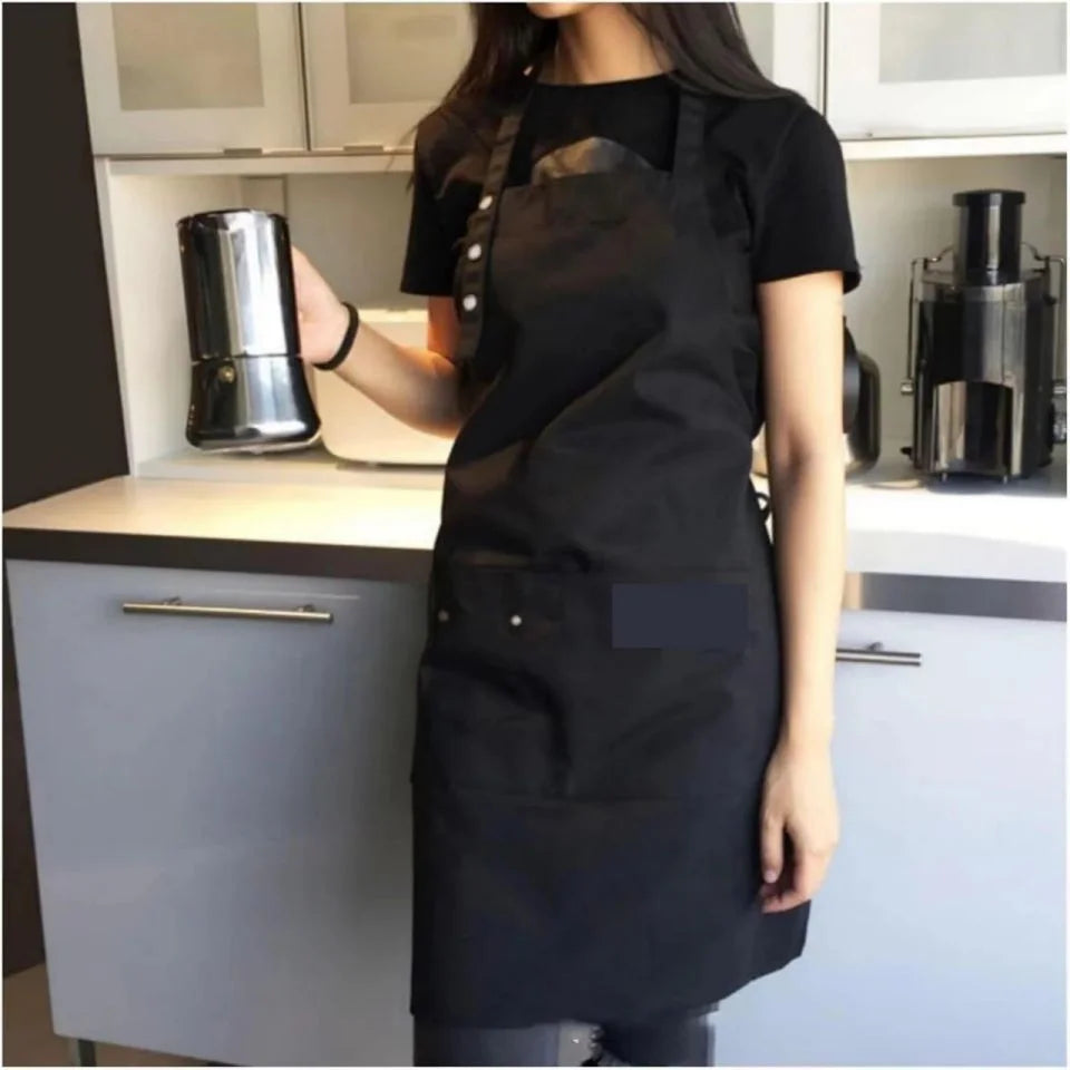 Beige Unisex Work Bib Apron Adjustable Neck Strap Large Pockets Durable Kitchen Cafe Shop Cooking Uniform