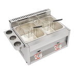 Commercial Dual Tank Deep Fryer 430 Magnetic Stainless Steel Riveted Structure 6L Per Tank LPG Powered Dual Independent Temp Control Energy-saving Burner Heat Dissipation Vents Dust Cover Flame Observation Hole Detachable Basket Condiment Holder