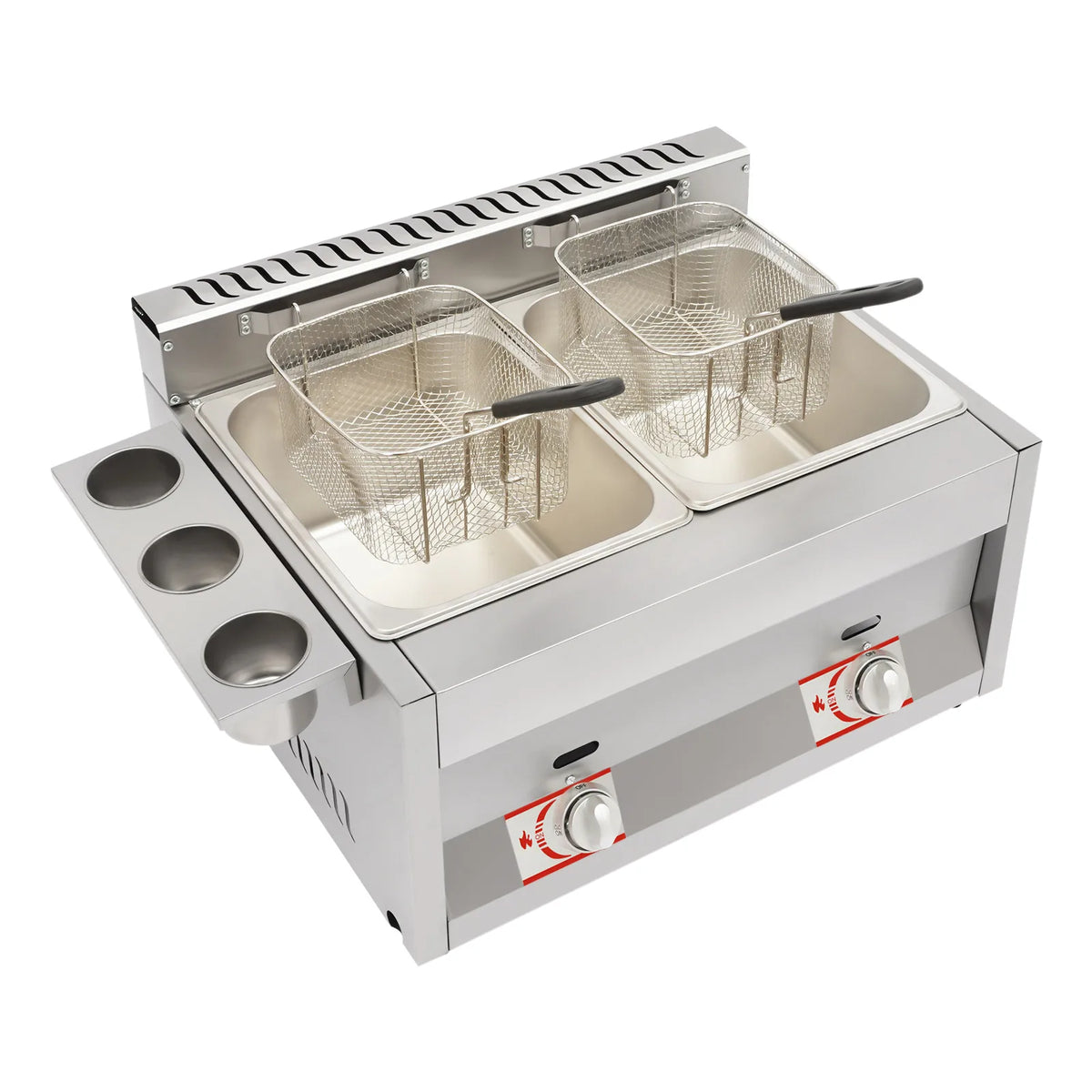 Commercial Dual Tank Deep Fryer 430 Magnetic Stainless Steel Riveted Structure 6L Per Tank LPG Powered Dual Independent Temp Control Energy-saving Burner Heat Dissipation Vents Dust Cover Flame Observation Hole Detachable Basket Condiment Holder