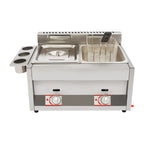 Commercial Dual Tank Deep Fryer 430 Magnetic Stainless Steel Riveted Structure 6L Per Tank LPG Powered Dual Independent Temp Control Energy-saving Burner Heat Dissipation Vents Dust Cover Flame Observation Hole Detachable Basket Condiment Holder