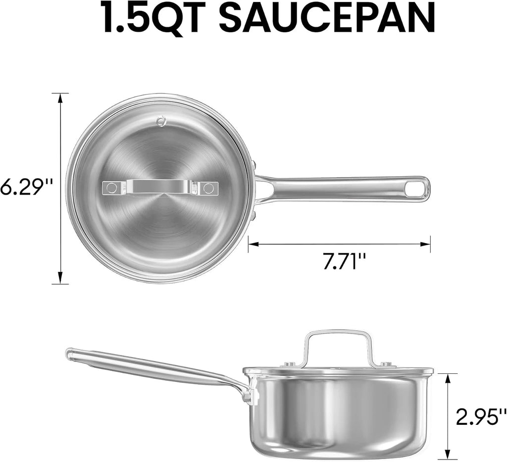 Sauce Pan Set, 1.5 QT & 2 QT Saucepan with Lid, Metal Utensils Safe, No Coating (PFAS/PFOA/PTFE Free), Dishwasher-Friendly, Oven-Safe Up to 900°F, Induction Ready