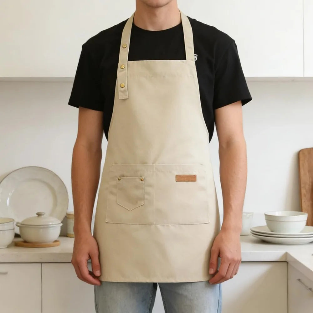 Beige Unisex Work Bib Apron Adjustable Neck Strap Large Pockets Durable Kitchen Cafe Shop Cooking Uniform