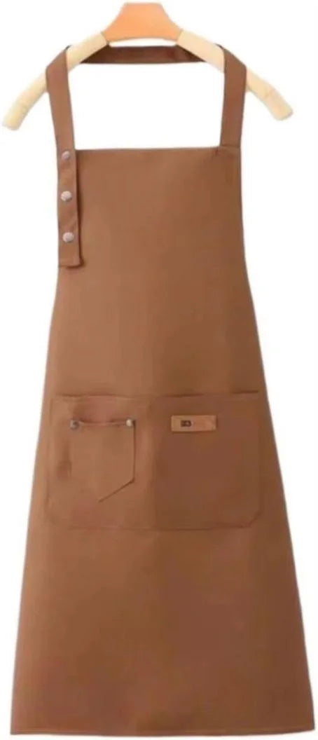 Beige Unisex Work Bib Apron Adjustable Neck Strap Large Pockets Durable Kitchen Cafe Shop Cooking Uniform