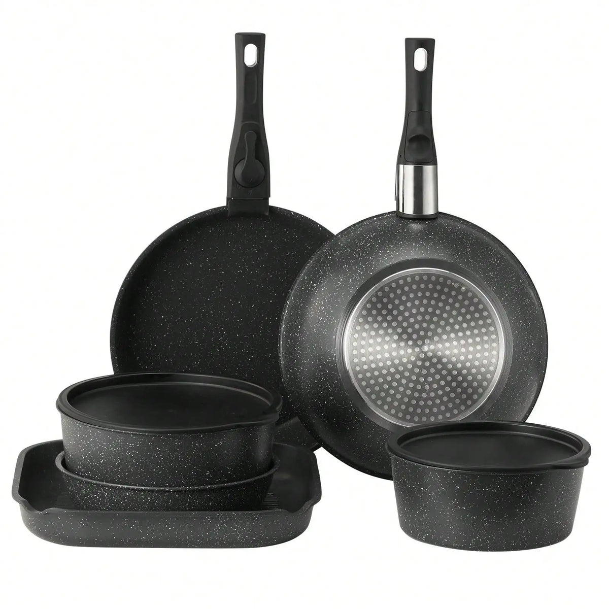 17 Piece Pots And Pans Set, Granite Nonstick Detachable Handle Cookware, Space Saving Induction Cookwares, Kitchen RV Cooking Sets With Frying, Sauce, Saute, Tempered Glass Lid, Oven , Black