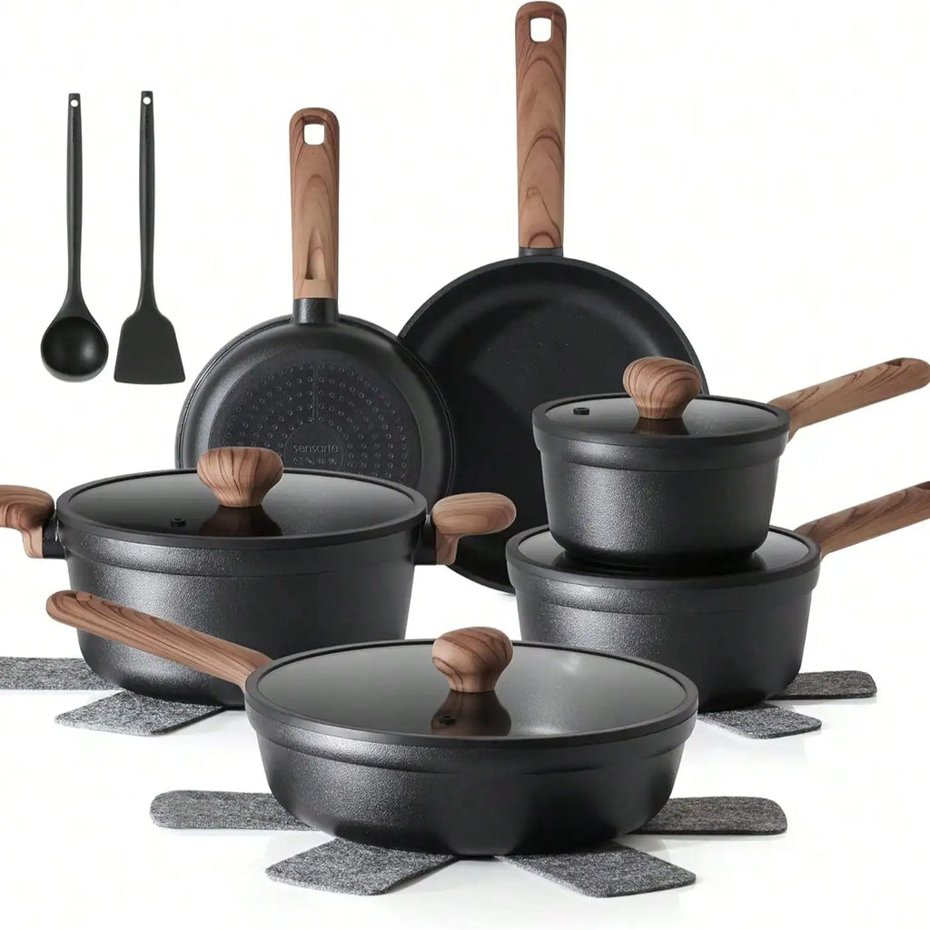 17 Piece Pots And Pans Set, Granite Nonstick Detachable Handle Cookware, Space Saving Induction Cookwares, Kitchen RV Cooking Sets With Frying, Sauce, Saute, Tempered Glass Lid, Oven , Black