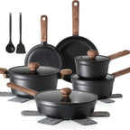 17 Piece Pots And Pans Set, Granite Nonstick Detachable Handle Cookware, Space Saving Induction Cookwares, Kitchen RV Cooking Sets With Frying, Sauce, Saute, Tempered Glass Lid, Oven , Black