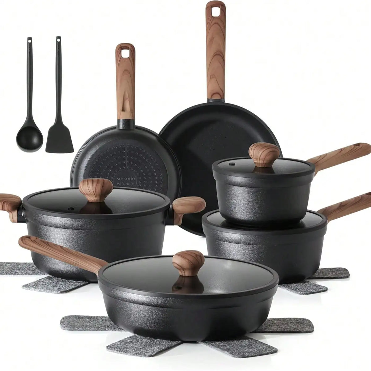 17 Piece Pots And Pans Set, Granite Nonstick Detachable Handle Cookware, Space Saving Induction Cookwares, Kitchen RV Cooking Sets With Frying, Sauce, Saute, Tempered Glass Lid, Oven , Black