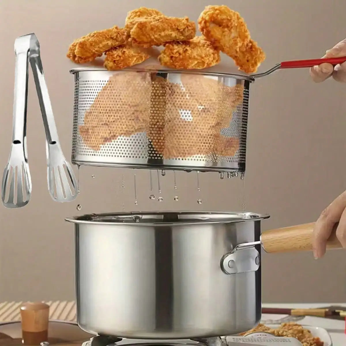 Deep Fryer Pot Clean Minimalist 304 Stainless Steel Deep Fryer Strainer Basket Food Tongs Wooden Handle For Frying Fish Chicken Wings French Fries Shrimp Kitchen Cooking Essentials Housewarming Gift Christmas Decor