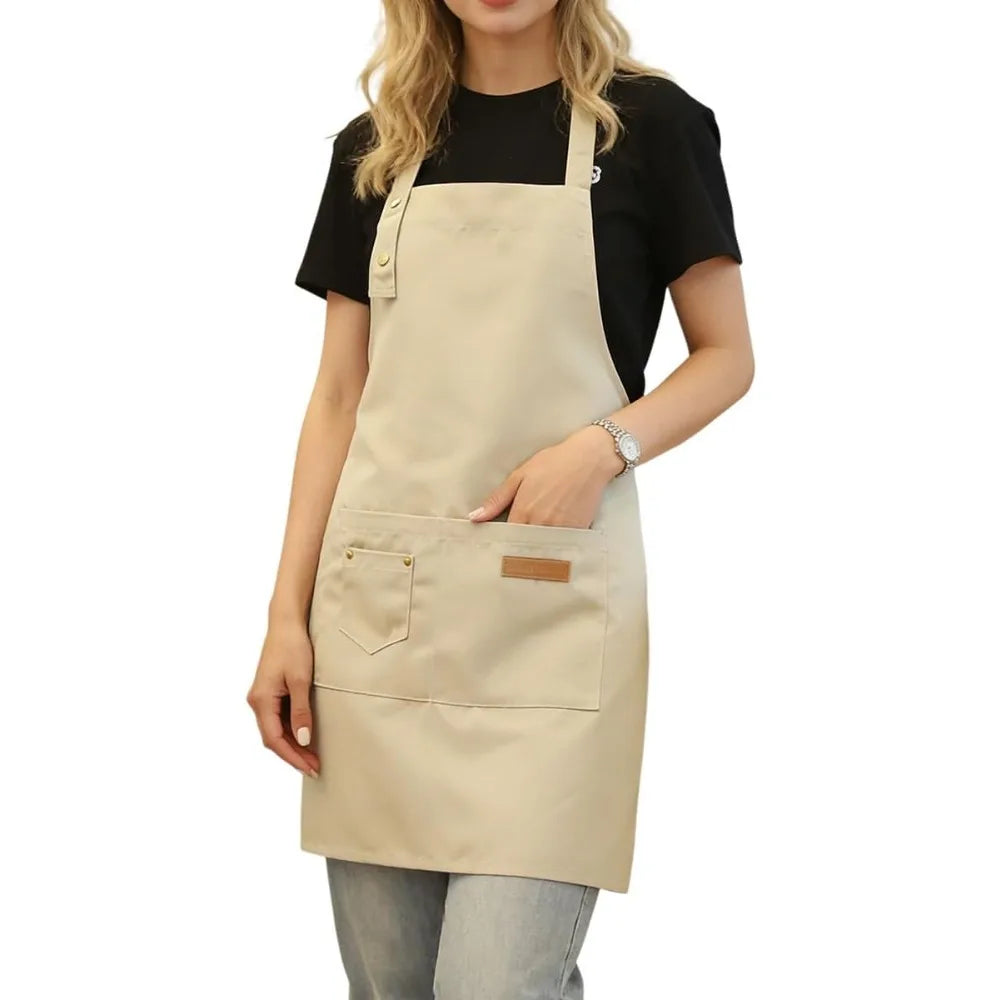 Beige Unisex Work Bib Apron Adjustable Neck Strap Large Pockets Durable Kitchen Cafe Shop Cooking Uniform