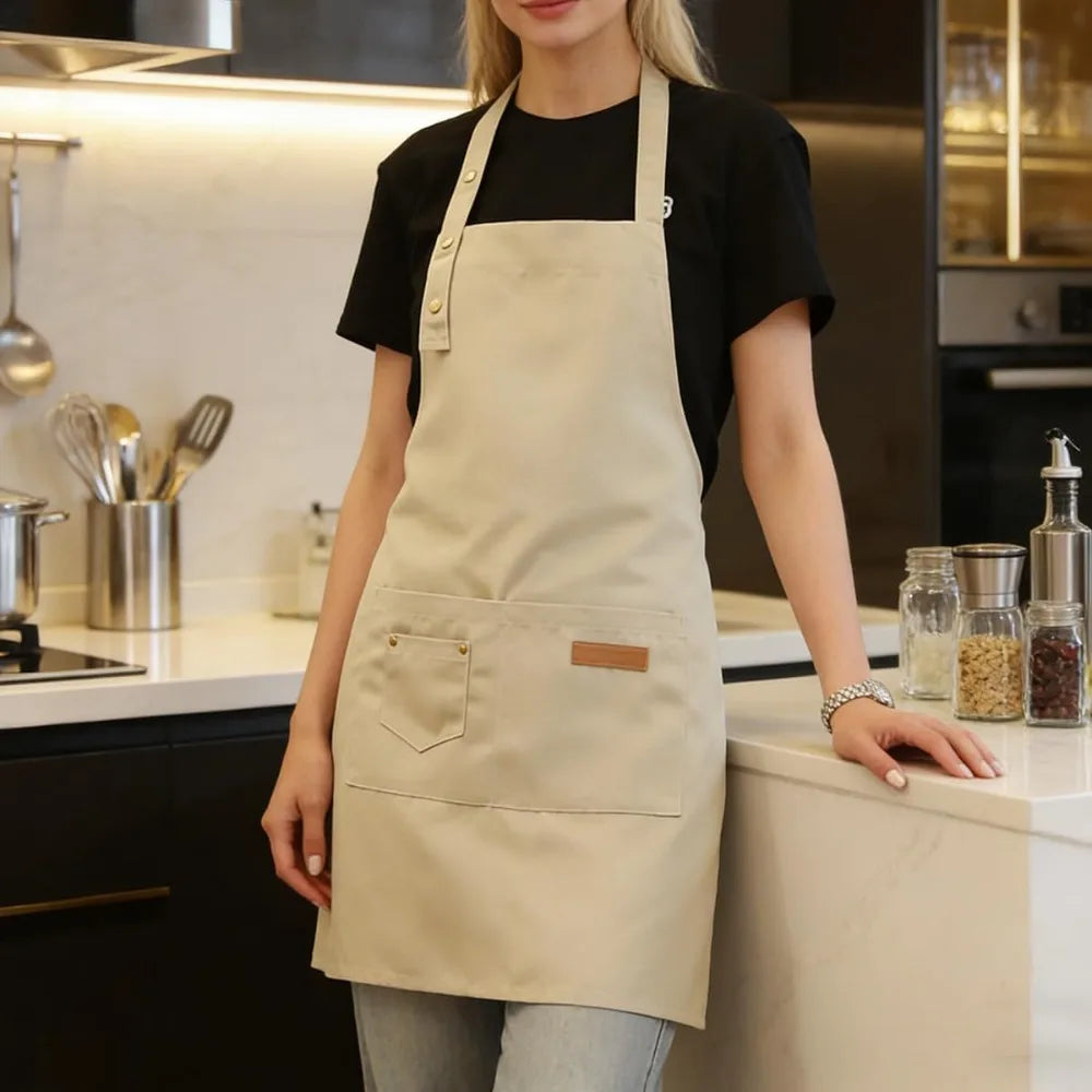 Beige Unisex Work Bib Apron Adjustable Neck Strap Large Pockets Durable Kitchen Cafe Shop Cooking Uniform