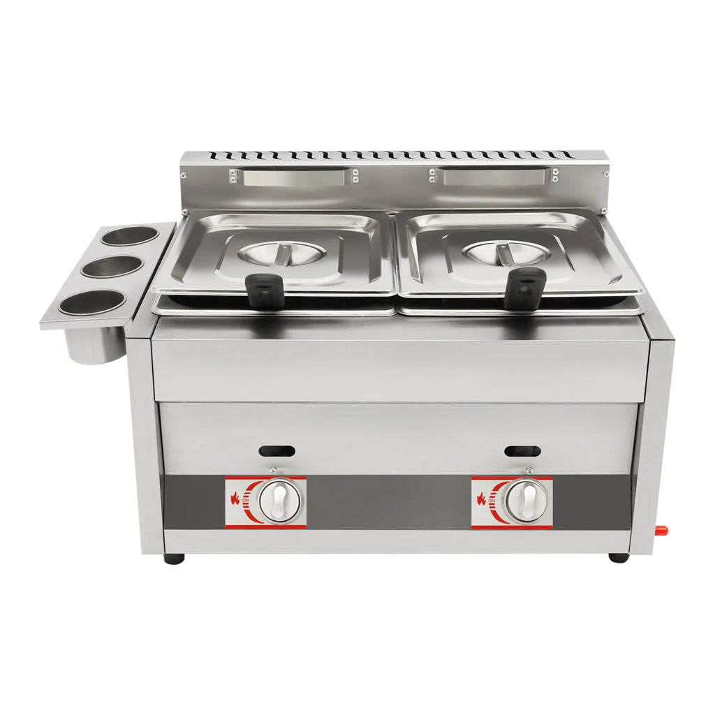 Commercial Dual Tank Deep Fryer 430 Magnetic Stainless Steel Riveted Structure 6L Per Tank LPG Powered Dual Independent Temp Control Energy-saving Burner Heat Dissipation Vents Dust Cover Flame Observation Hole Detachable Basket Condiment Holder