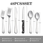 KOOMADE 48Pcs Stainless Steel Cutlery Set Steak Knives Included Mirror Polished Flatware Set Dinner Knife Fork Spoon Tableware Kitchen Utensils Dishwasher Safe For Home Restaurant Party