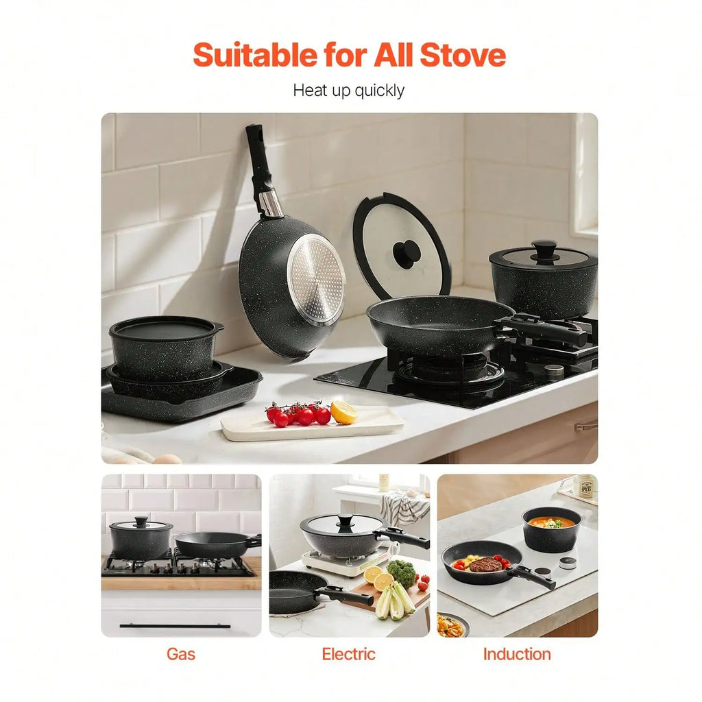 17 Piece Pots And Pans Set, Granite Nonstick Detachable Handle Cookware, Space Saving Induction Cookwares, Kitchen RV Cooking Sets With Frying, Sauce, Saute, Tempered Glass Lid, Oven , Black