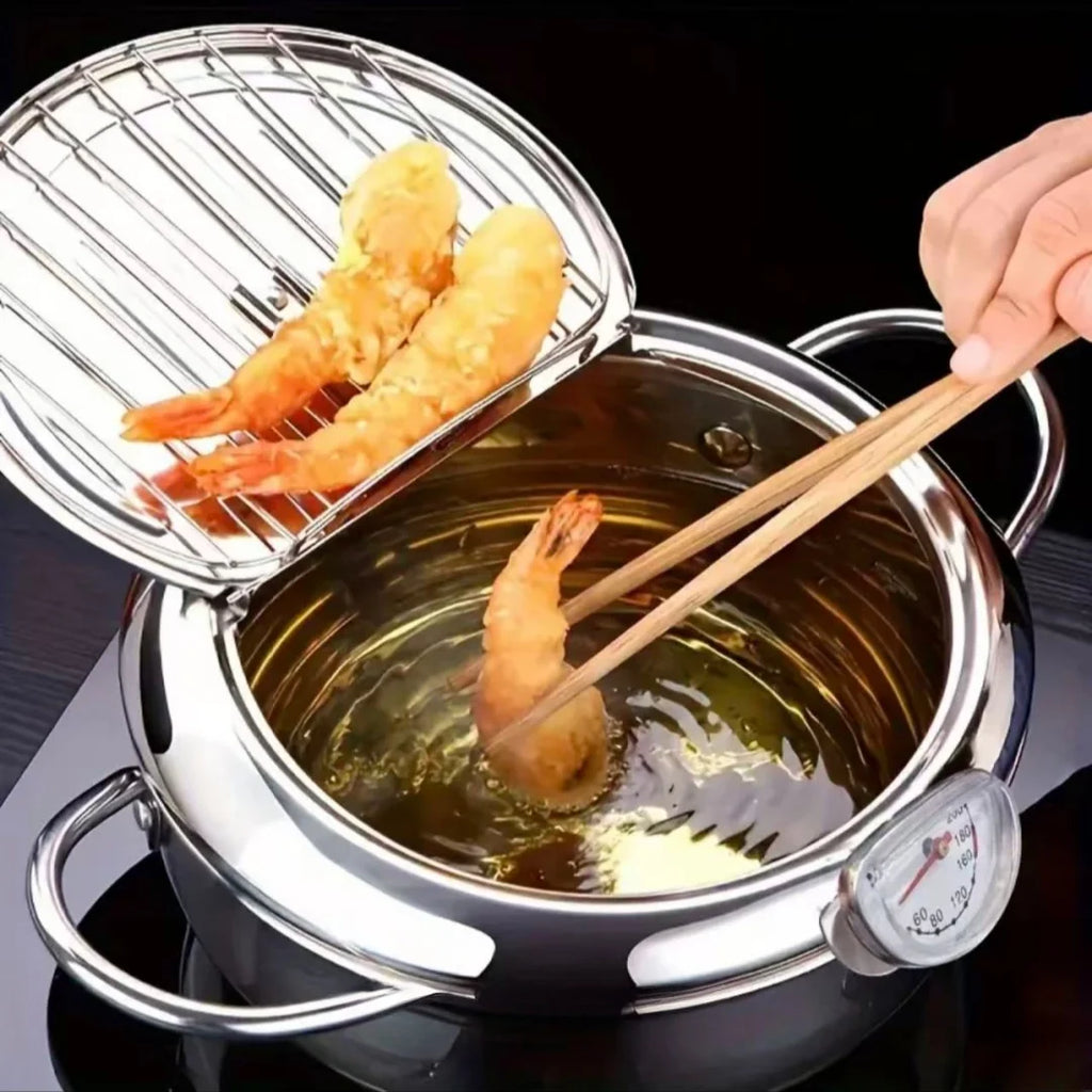 Stainless Steel Frying Pan with Lid, Temperature Control & Oil Drip Rack, Multi-Use Skillet for Frying Chips, Chicken, Compatible with Gas & Induction Cooktops