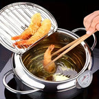 Stainless Steel Frying Pan with Lid, Temperature Control & Oil Drip Rack, Multi-Use Skillet for Frying Chips, Chicken, Compatible with Gas & Induction Cooktops