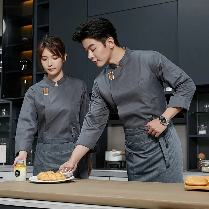 Pro Chef Coat Long Sleeve Durable Kitchen Workwear with Pockets Breathable Black Uniform for Restaurant  Cafe Catering Staff
