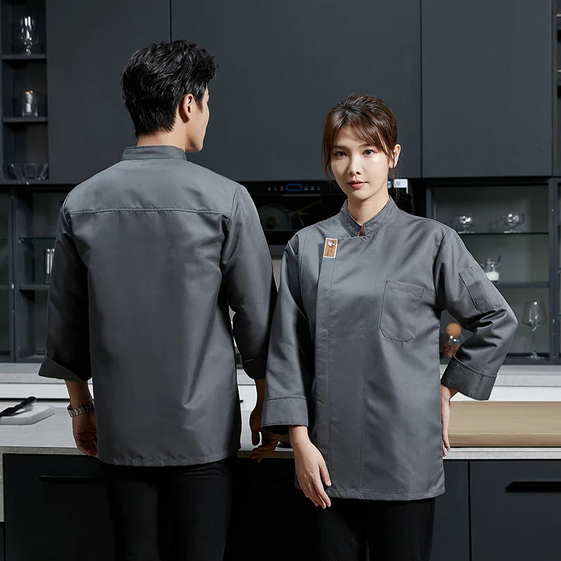Pro Chef Coat Long Sleeve Durable Kitchen Workwear with Pockets Breathable Black Uniform for Restaurant  Cafe Catering Staff