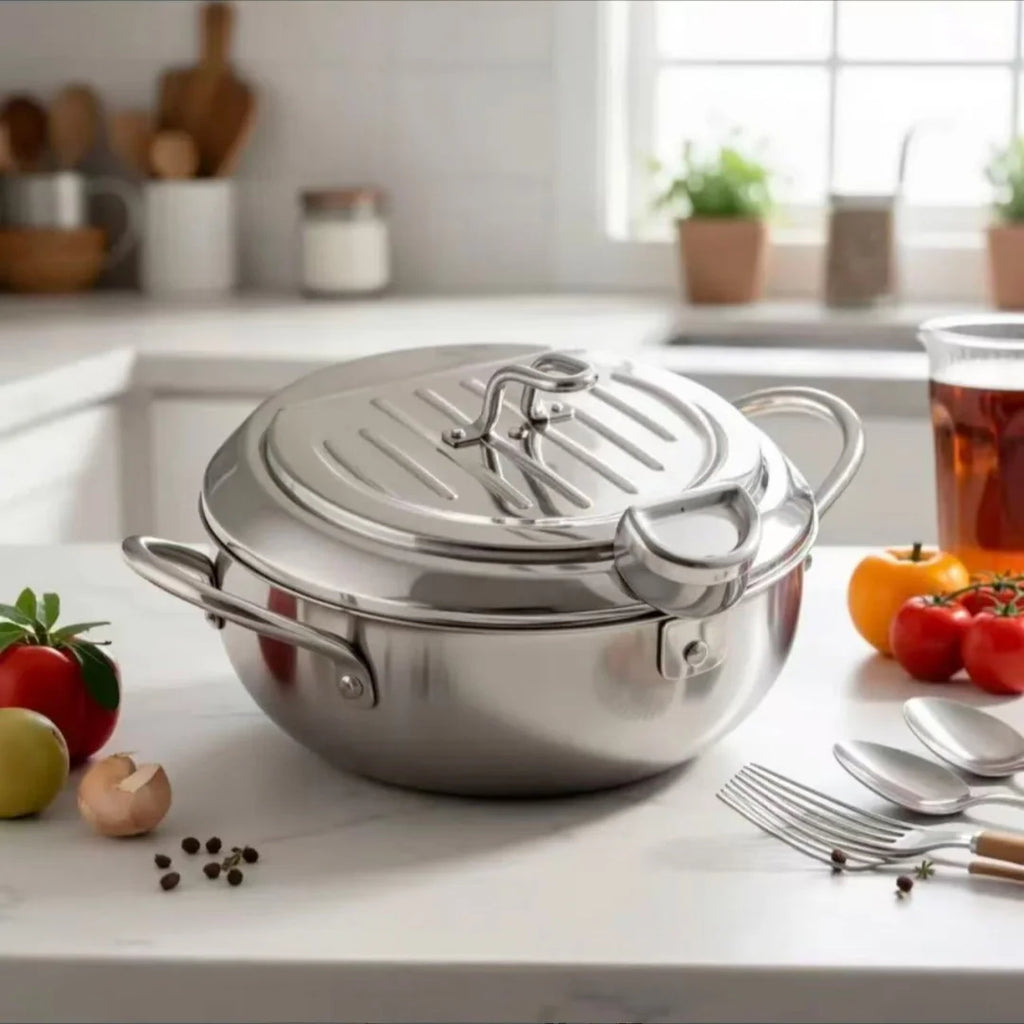 Stainless Steel Frying Pan with Lid, Temperature Control & Oil Drip Rack, Multi-Use Skillet for Frying Chips, Chicken, Compatible with Gas & Induction Cooktops