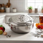 Stainless Steel Frying Pan with Lid, Temperature Control & Oil Drip Rack, Multi-Use Skillet for Frying Chips, Chicken, Compatible with Gas & Induction Cooktops