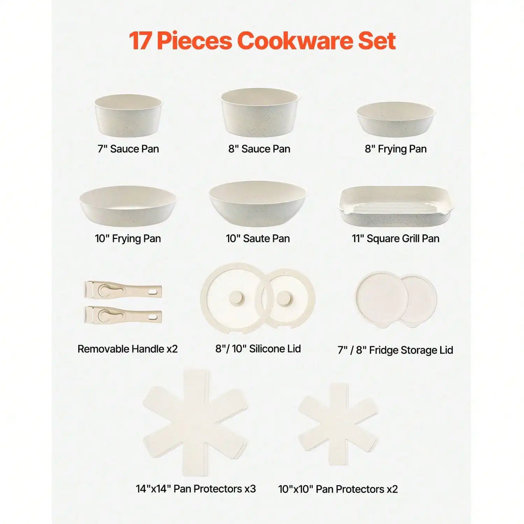 17 Piece Pots And Pans Set, Granite Nonstick Detachable Handle Cookware, Space Saving Induction Cookwares, Kitchen RV Cooking Sets With Frying, Sauce, Saute, Tempered Glass Lid, Oven , Black