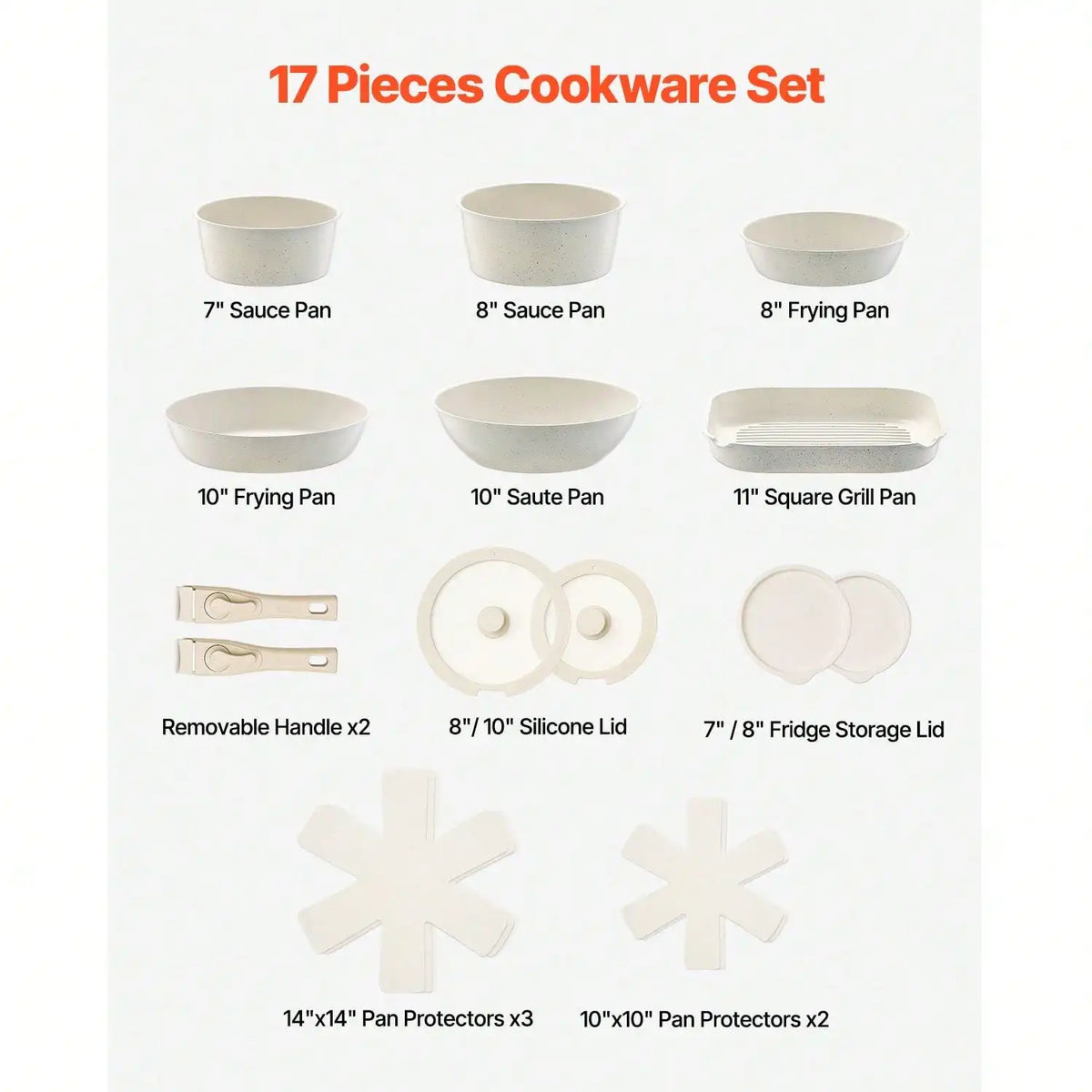 17 Piece Pots And Pans Set, Granite Nonstick Detachable Handle Cookware, Space Saving Induction Cookwares, Kitchen RV Cooking Sets With Frying, Sauce, Saute, Tempered Glass Lid, Oven , Black