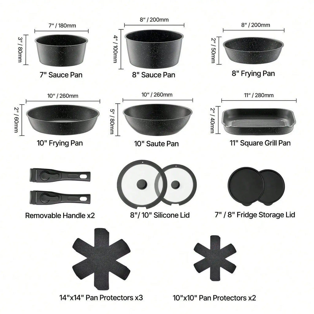 17 Piece Pots And Pans Set, Granite Nonstick Detachable Handle Cookware, Space Saving Induction Cookwares, Kitchen RV Cooking Sets With Frying, Sauce, Saute, Tempered Glass Lid, Oven , Black