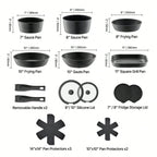 17 Piece Pots And Pans Set, Granite Nonstick Detachable Handle Cookware, Space Saving Induction Cookwares, Kitchen RV Cooking Sets With Frying, Sauce, Saute, Tempered Glass Lid, Oven , Black