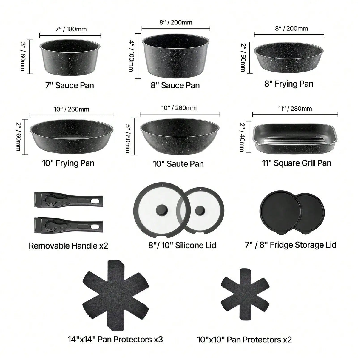 17 Piece Pots And Pans Set, Granite Nonstick Detachable Handle Cookware, Space Saving Induction Cookwares, Kitchen RV Cooking Sets With Frying, Sauce, Saute, Tempered Glass Lid, Oven , Black