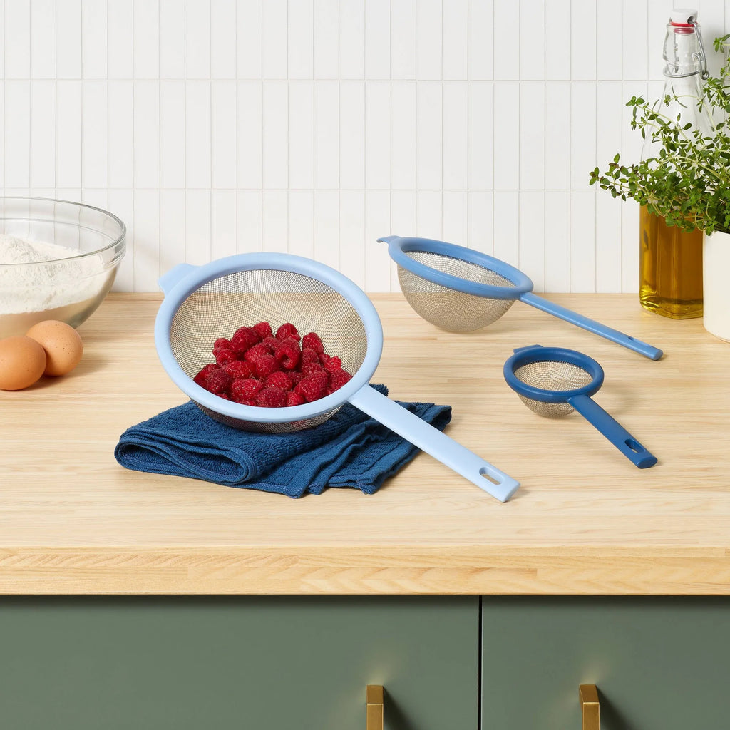3pc Strainer Set Blue Plastic Body Stainless Steel Mesh For Kitchen Pasta Fruit Washing Easy Draining