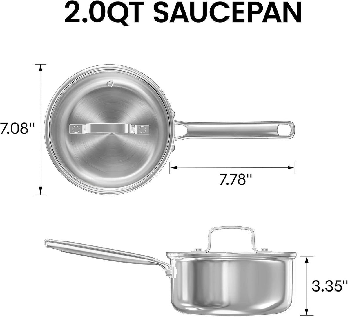 Sauce Pan Set, 1.5 QT & 2 QT Saucepan with Lid, Metal Utensils Safe, No Coating (PFAS/PFOA/PTFE Free), Dishwasher-Friendly, Oven-Safe Up to 900°F, Induction Ready