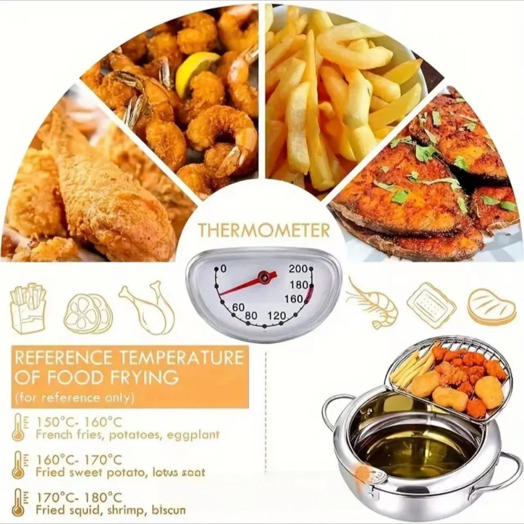 Stainless Steel Frying Pan with Lid, Temperature Control & Oil Drip Rack, Multi-Use Skillet for Frying Chips, Chicken, Compatible with Gas & Induction Cooktops